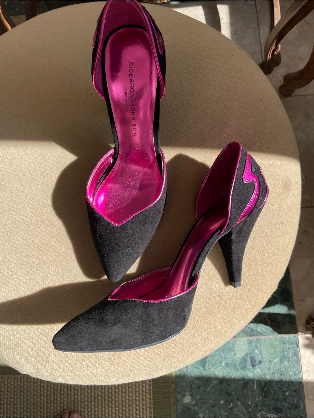 Sigerson Morrison x Target Black Suede Pumps with Fuchsia Accents.